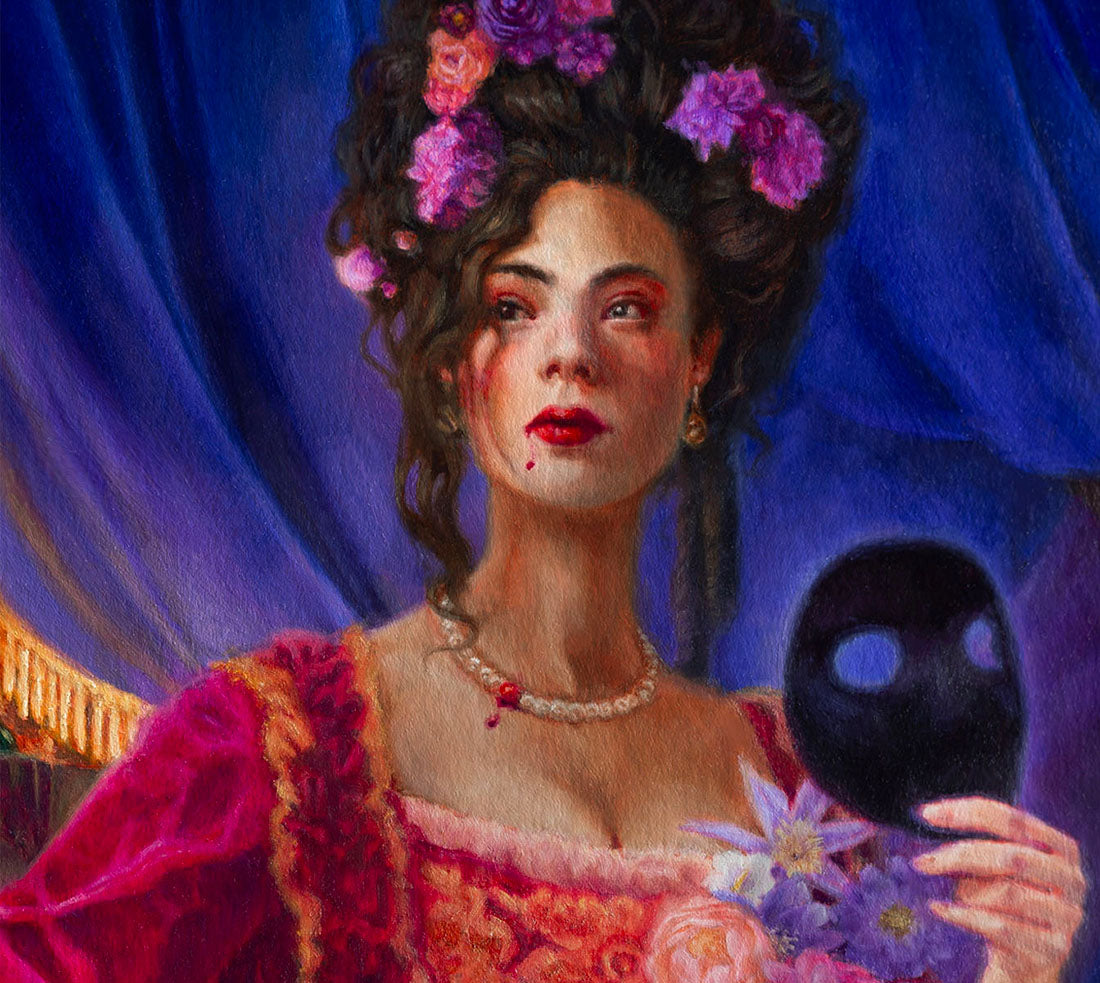 Artistic depiction of a woman with flowers in her hair, holding a black sphere against a blue curtain.