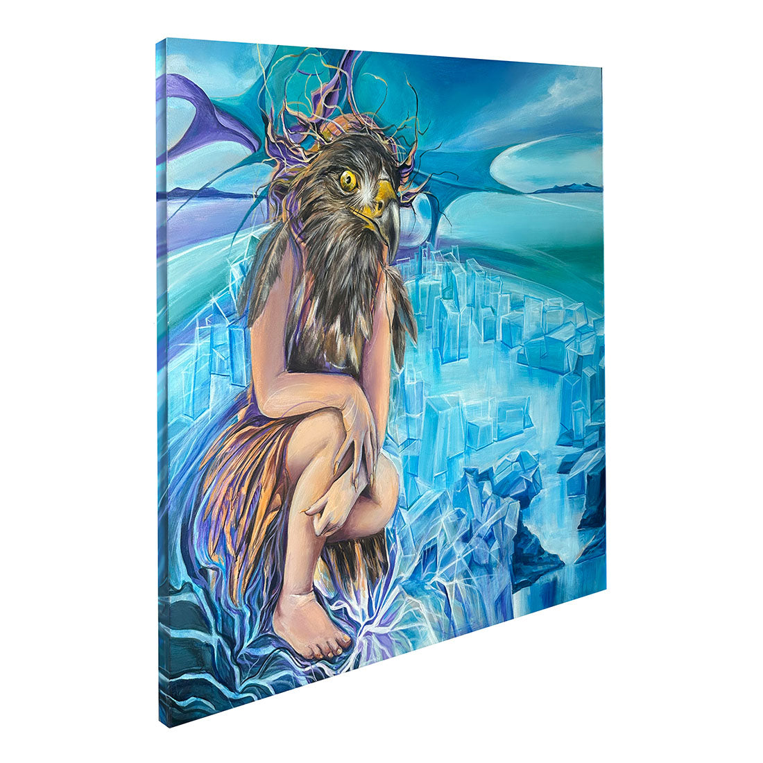 Artistic depiction of a person with an eagle head sitting on a blue, crystalline surface.