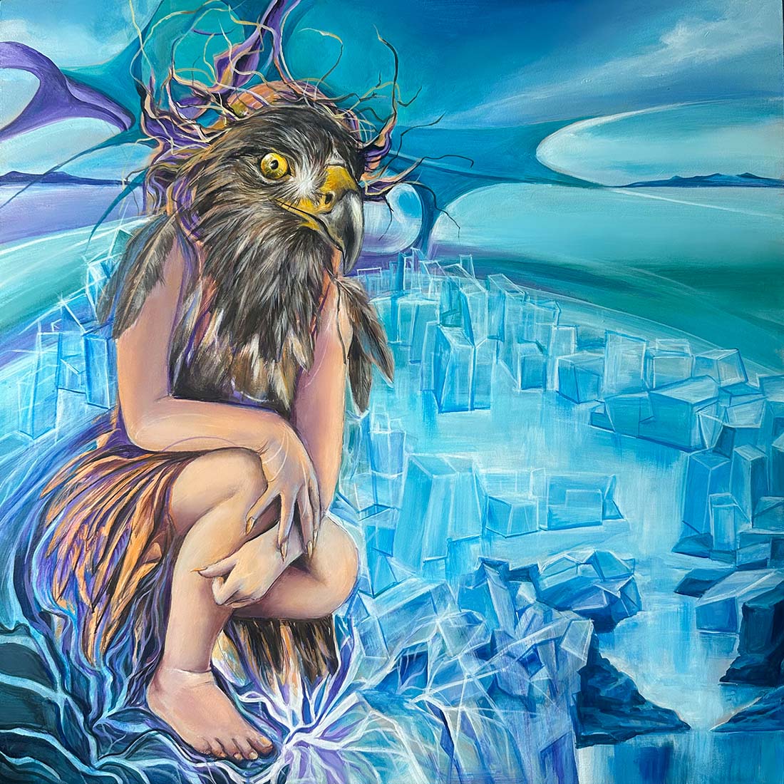 Artistic depiction of a person with an eagle head sitting on a blue, crystalline surface.