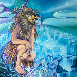 Artistic depiction of a person with an eagle head sitting on a blue, crystalline surface.