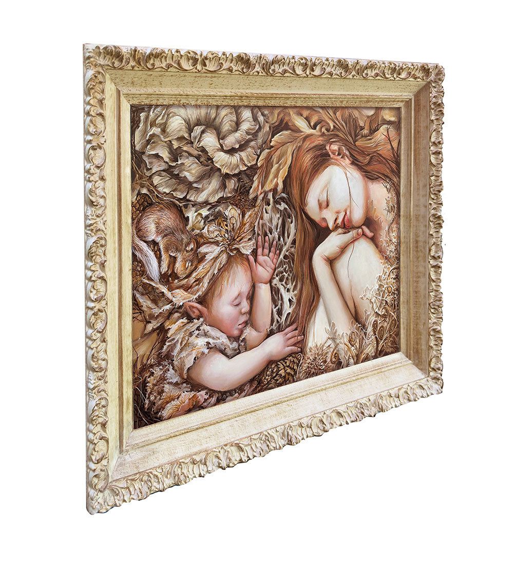 Decorative painting of two sleeping figures with a detailed frame on a white background