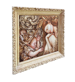Decorative painting of two sleeping figures with a detailed frame on a white background
