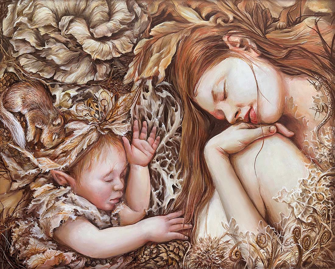 Artistic depiction of a woman and child surrounded by nature elements like leaves and a squirrel.