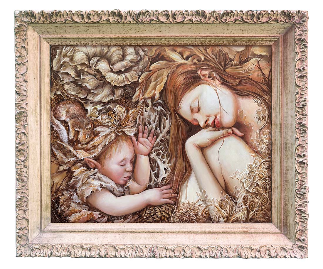 Artistic depiction of two sleeping children surrounded by nature elements in a decorative frame.