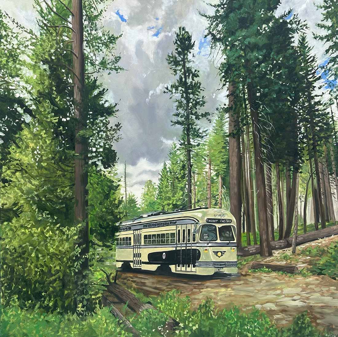 Vintage trolley in a forest setting with tall trees and a clear sky.