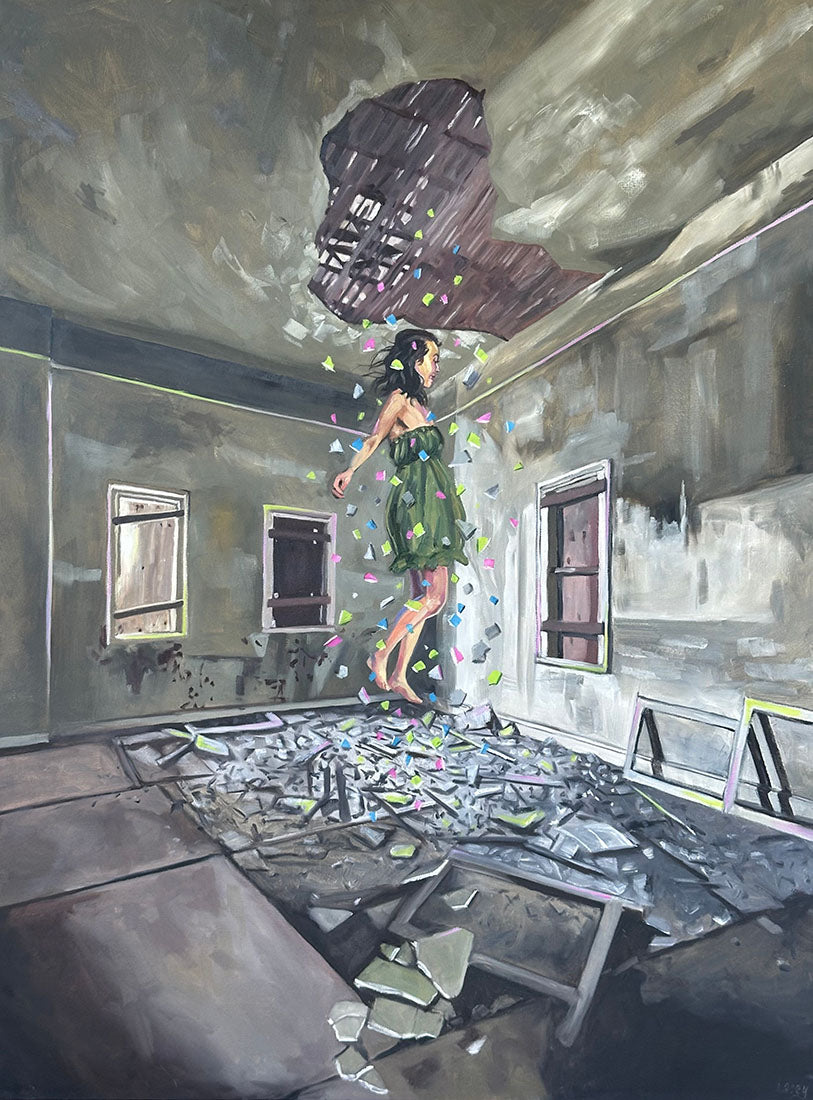 Artistic depiction of a woman in a green dress standing on broken glass in a dilapidated room.