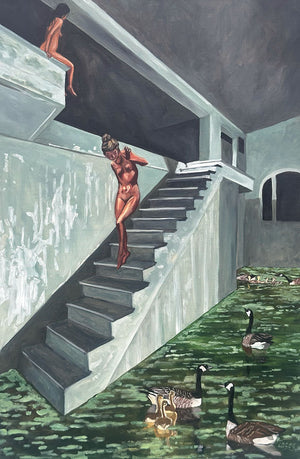 Oil painting of a staircase with figures and geese in a surreal setting