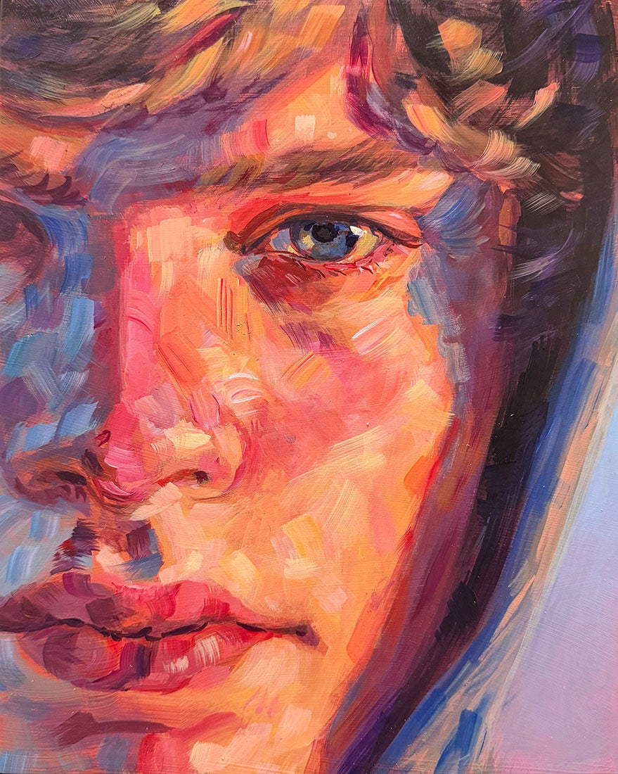Vibrant oil painting portrait of a young man's face, rendered in expressive brushstrokes of orange, pink, blue, purple, and brown.
