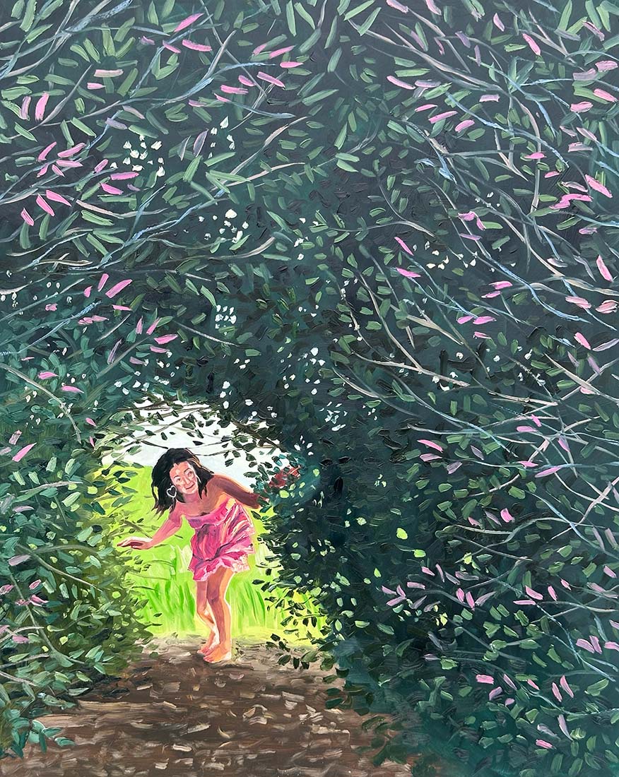 Oil painting of a girl in a pink dress walking through a dense forest with a glowing path.
