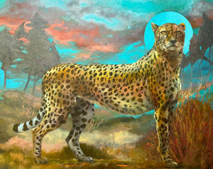 Leopard in a natural setting with a colorful sky