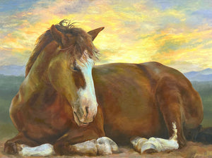 Painting of a brown horse with a white face lying down against a colorful sky.