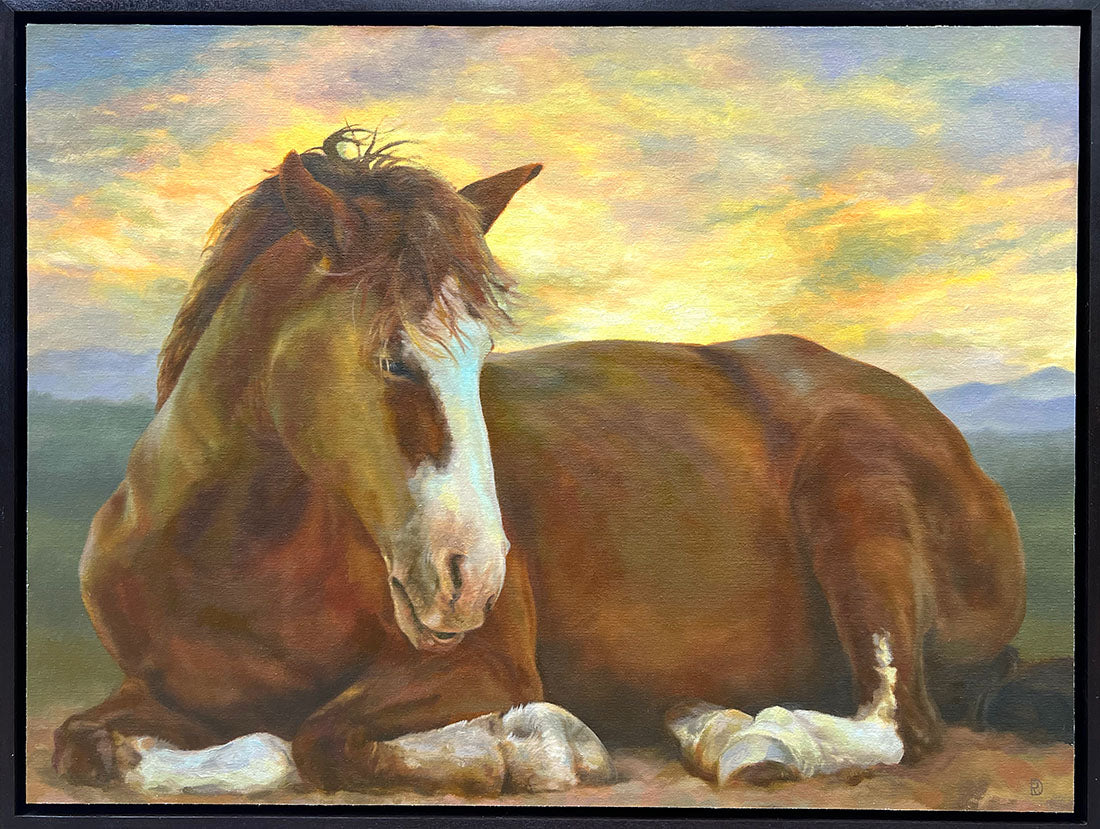 Painting of a brown horse lying down with a colorful sky in the background