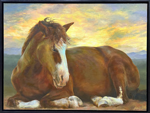 Painting of a brown horse lying down with a colorful sky in the background