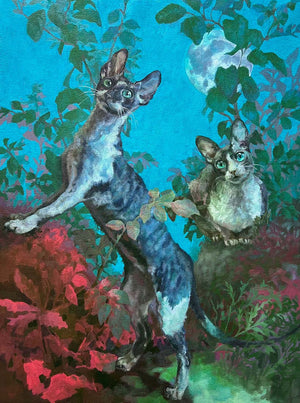 Two cats in a garden with colorful foliage