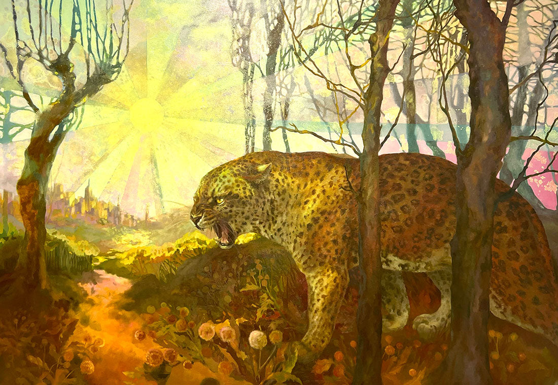 Leopard in a forest with a cityscape in the background
