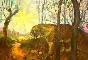 Leopard in a forest with a cityscape in the background