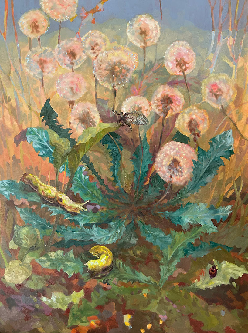 Colorful painting of flowers and plants with a butterfly.
