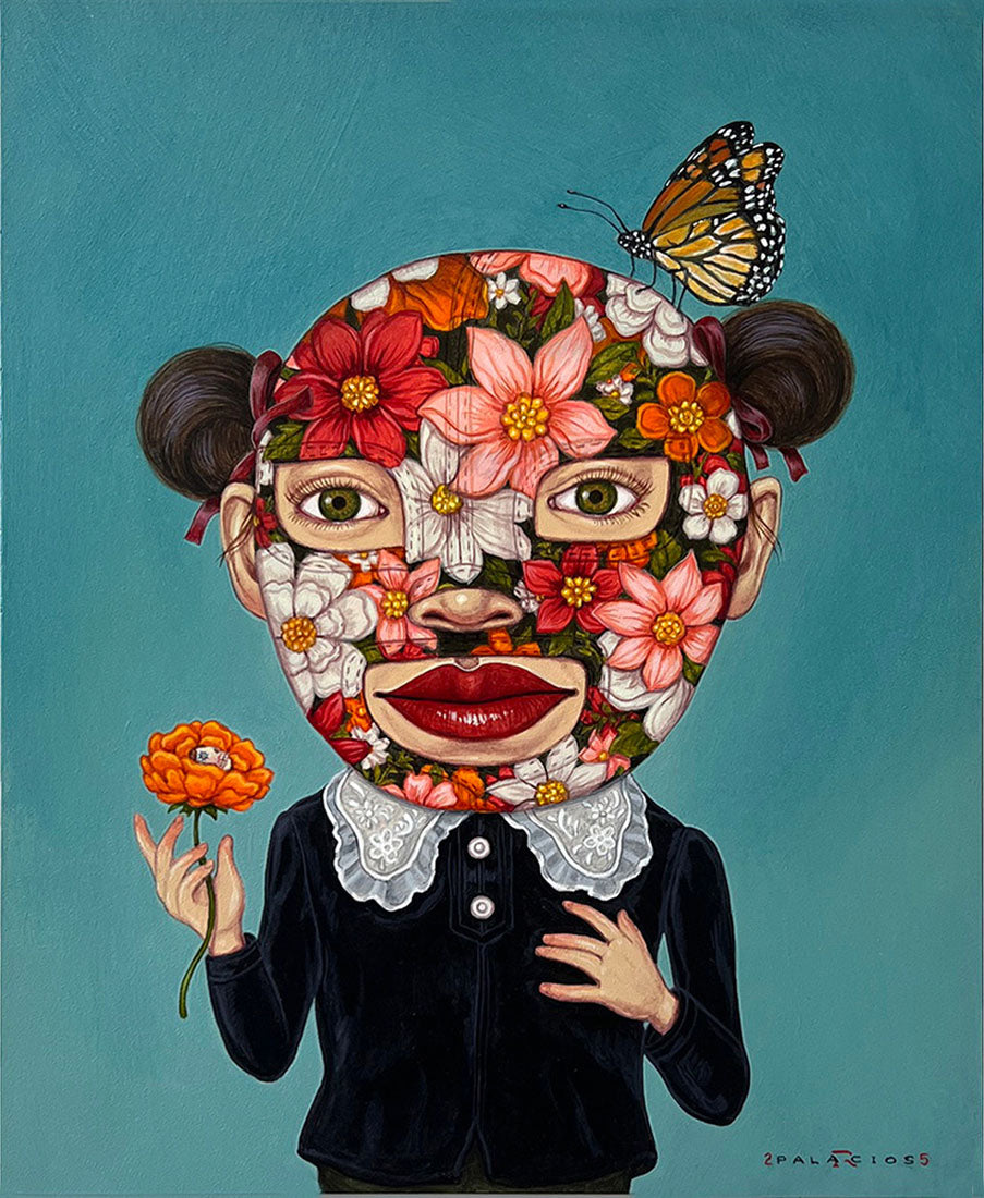 Artistic depiction of a person with a floral and butterfly design on their head against a teal background.