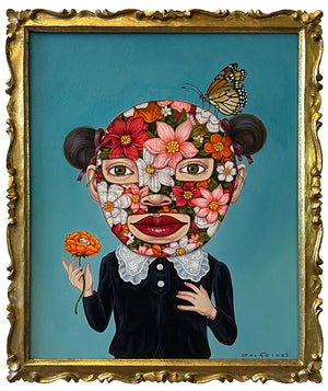 Artistic depiction of a person with floral face and butterfly, framed in gold.