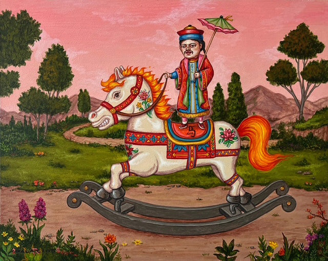 Colorful painting of a person riding a decorated horse in a scenic landscape.