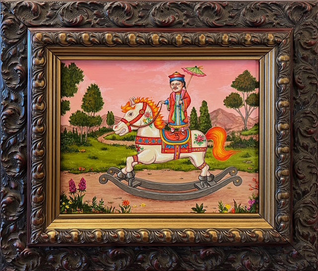Decorative painting of a person on a rocking horse with a detailed ornate frame.