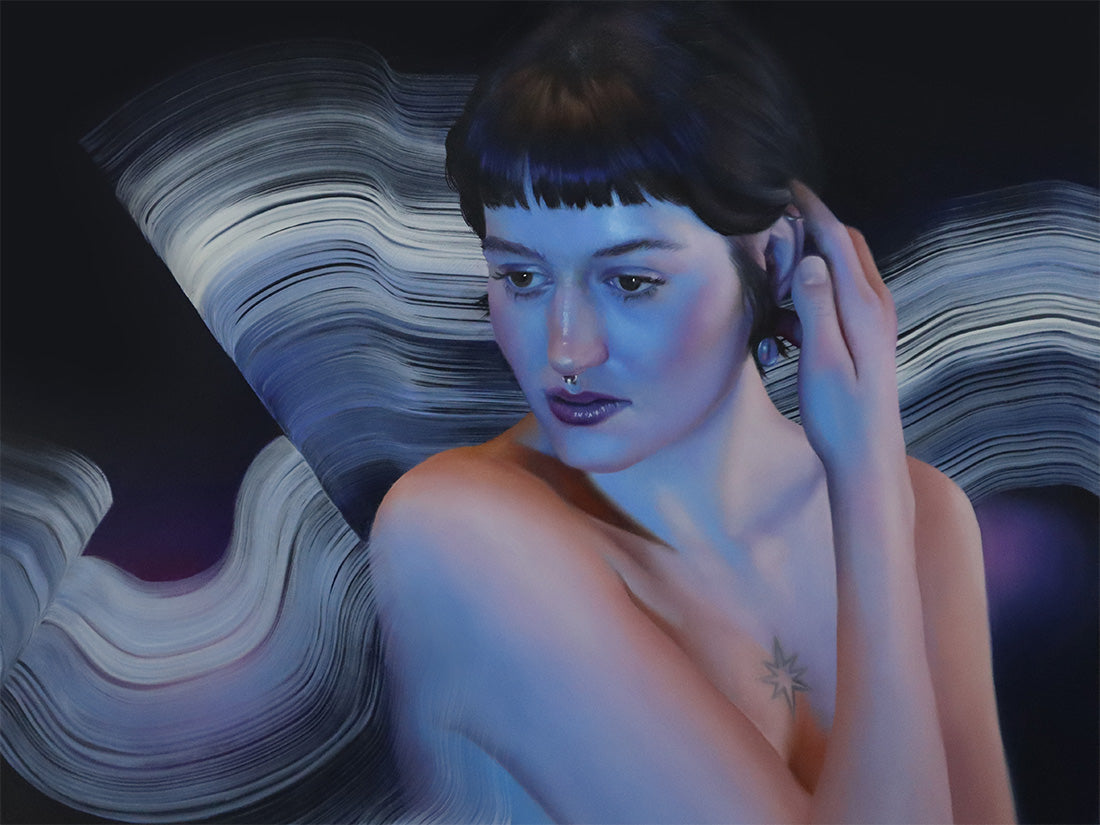 A stylized portrait painting of a woman with short dark hair, blue-toned skin, and a small chest tattoo, set against a dark background with flowing white and gray wave-like lines.