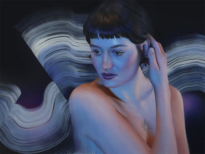A stylized portrait painting of a woman with short dark hair, blue-toned skin, and a small chest tattoo, set against a dark background with flowing white and gray wave-like lines.