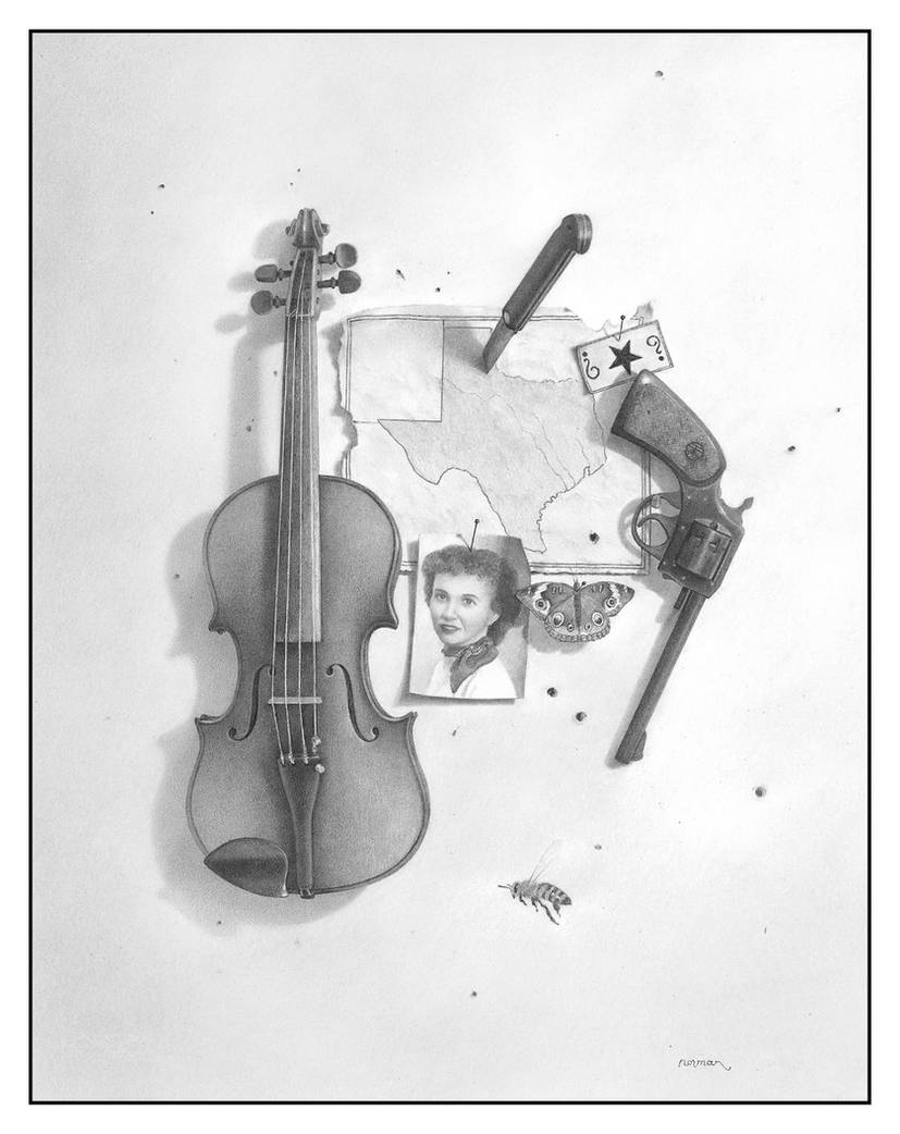Black and white illustration of a violin, revolver, map, and portrait on a light background