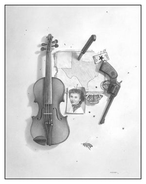 Black and white illustration of a violin, revolver, map, and portrait on a light background