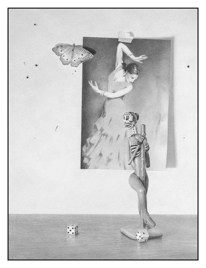 Black and white illustration of a woman in a dress with a butterfly, a skeleton, and dice on a plain background.