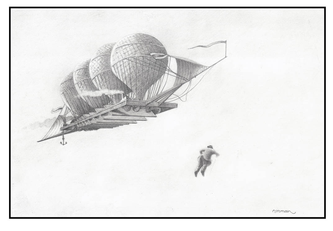 Black and white illustration of a large airship with a person walking nearby on a plain background.