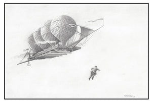 Black and white illustration of a large airship with a person walking nearby on a plain background.