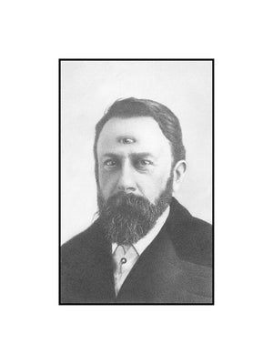 Black and white portrait of a man with a beard and suit and an extra eye.