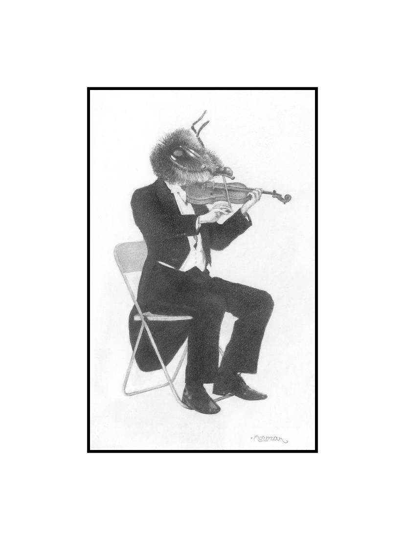 Black and white illustration of a bee person playing a violin on a chair.