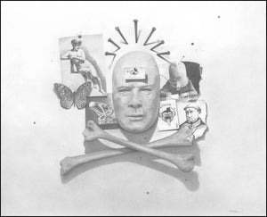 Black and white drawing with a central figure, surrounded by various images and symbols.