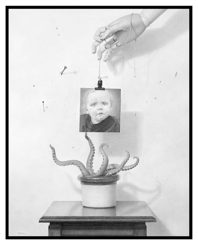 Black and white art piece with a potted plant, octopus, and a small portrait of a child.