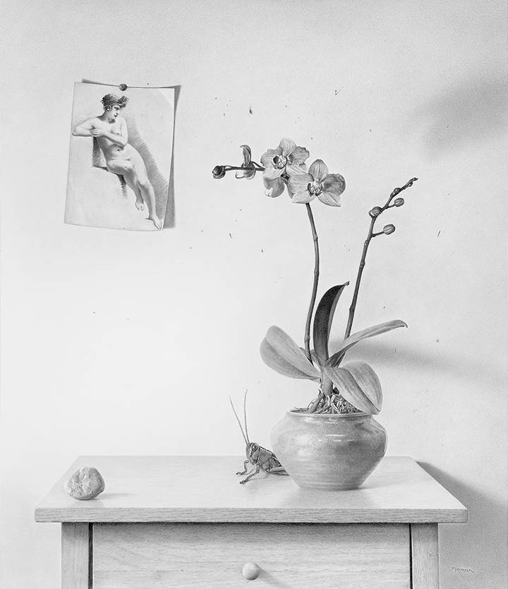Orchid in a pot on a table with a framed picture of a nude figure on the wall.