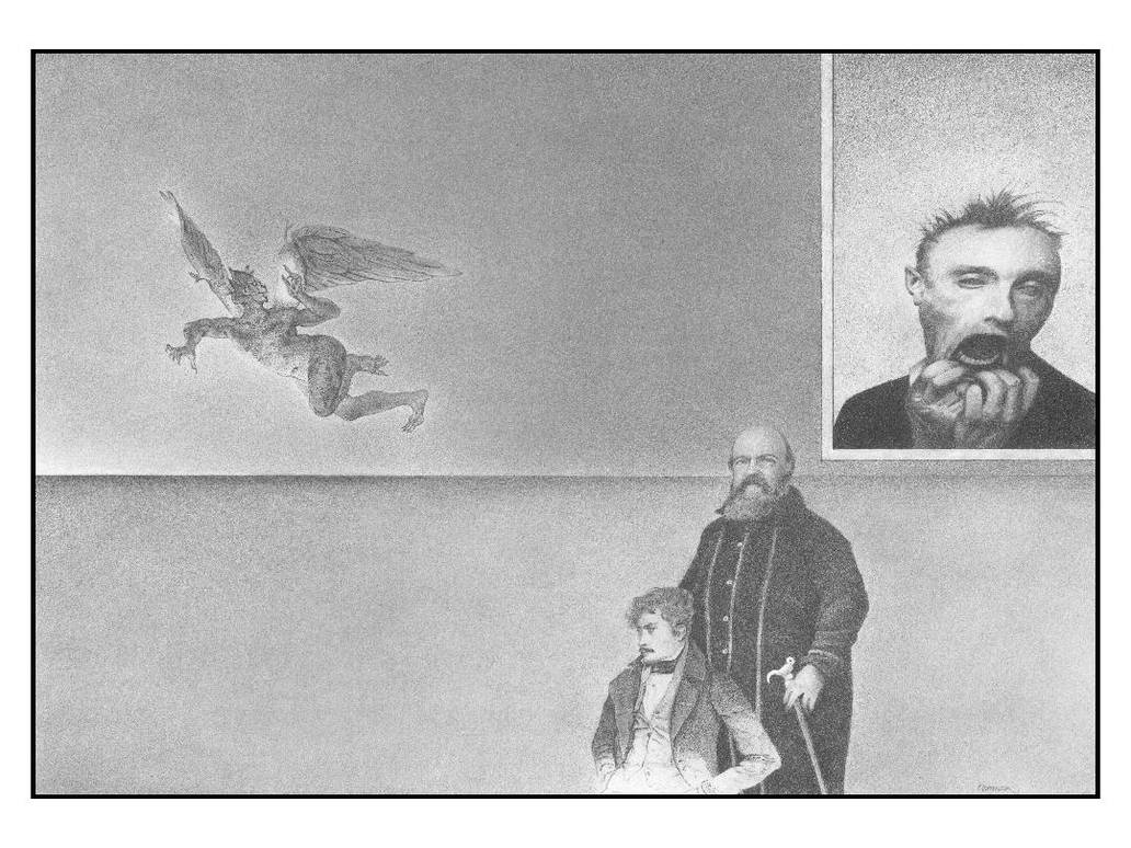 Black and white illustration with a cherub, a man with a child, and a close-up of a face.