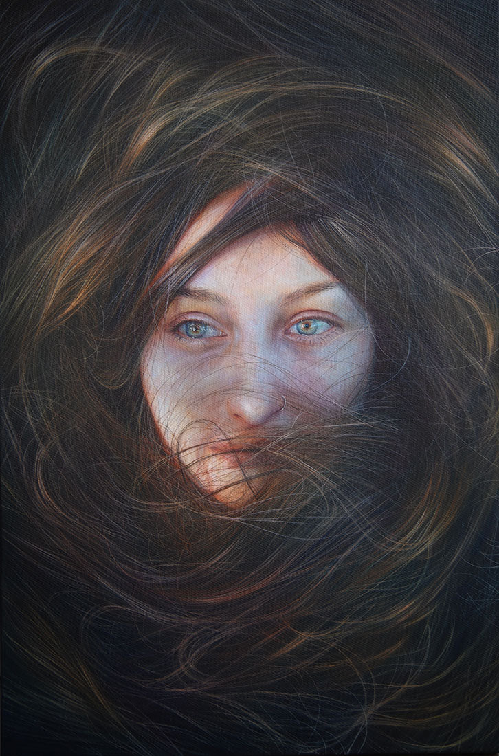 Artistic depiction of a face partially obscured by swirling hair