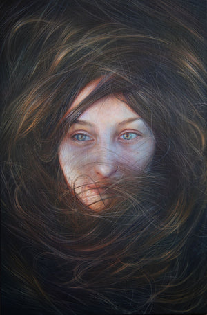 Artistic depiction of a face partially obscured by swirling hair