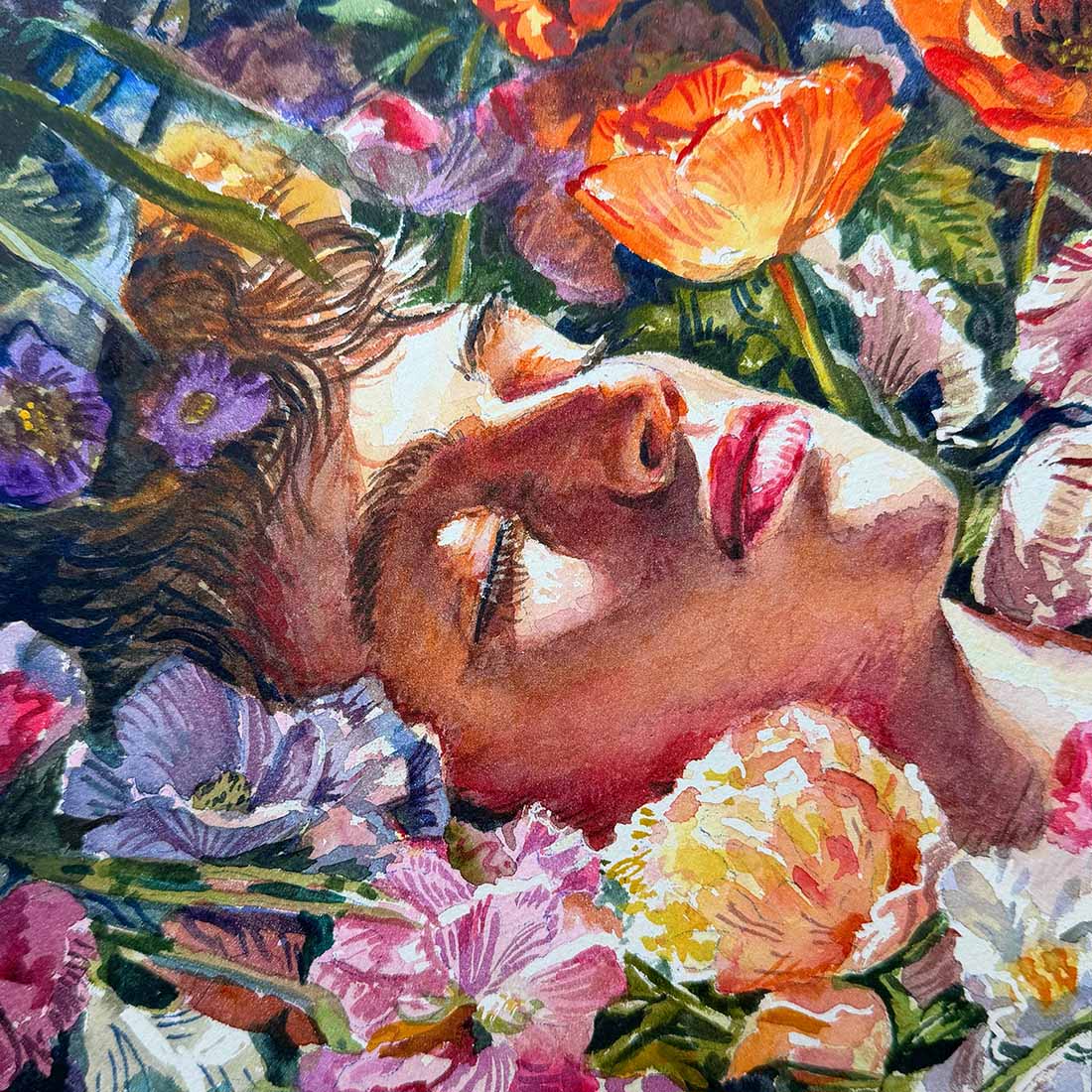 Artistic depiction of a person's face surrounded by colorful flowers