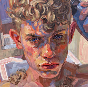 A close-up portrait painting of a young man with curly blond hair, rendered in expressive brushstrokes with warm peach, pink, blue, and brown tones.