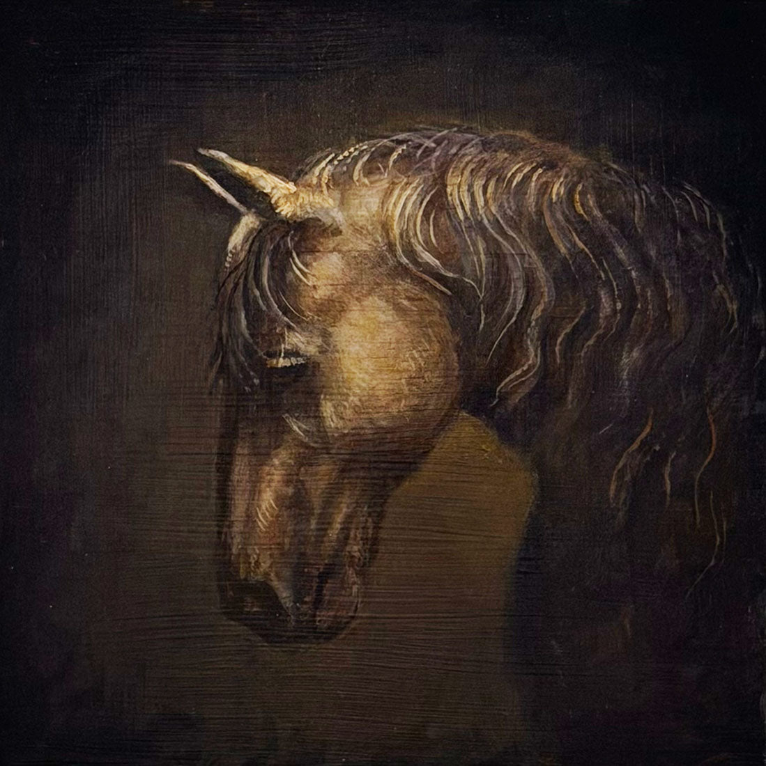 Oil painting of a horse's head on a dark background
