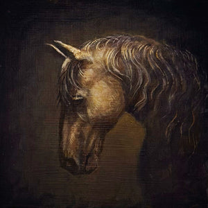 Oil painting of a horse's head on a dark background