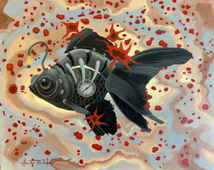 Artistic depiction of a fish with mechanical components on a textured background
