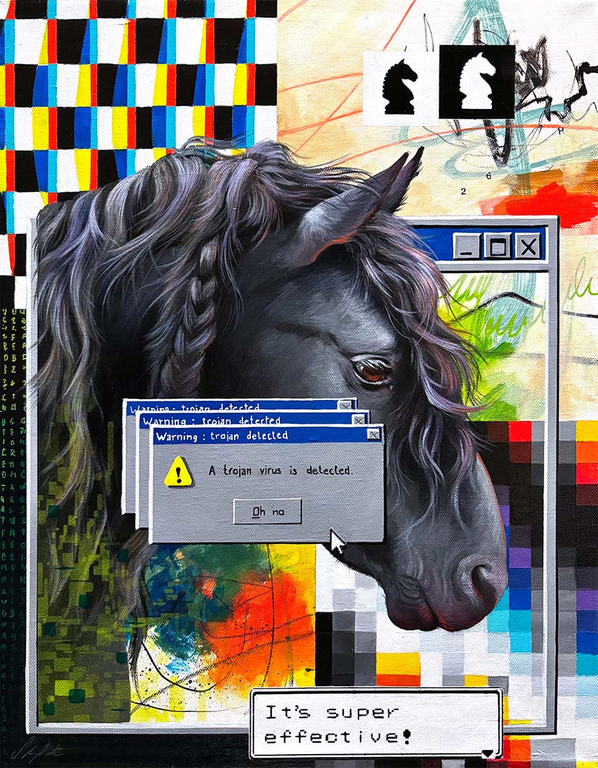 Painting with a horse's head, computer interface, and colorful abstract patterns.