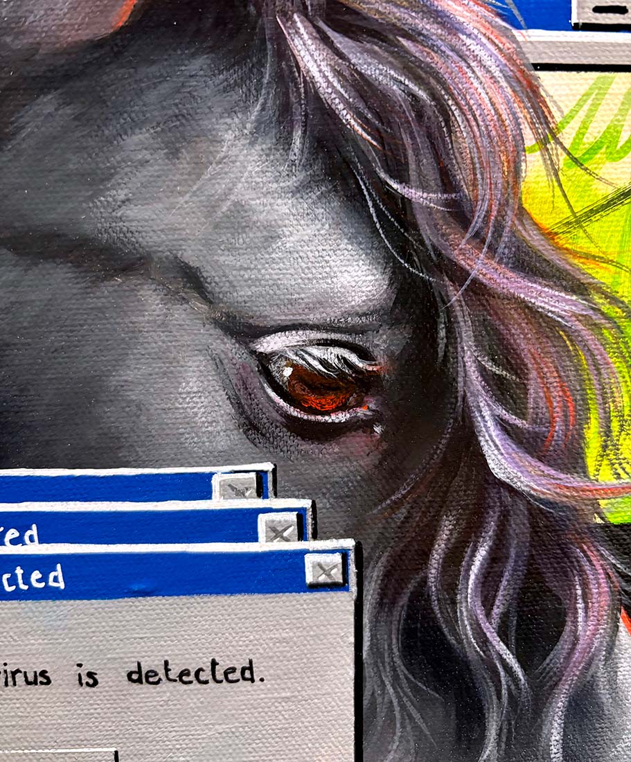 Close-up of a horse's face with computer interface elements overlayed
