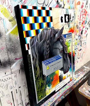 Painting of a horse with digital elements on a colorful, textured background