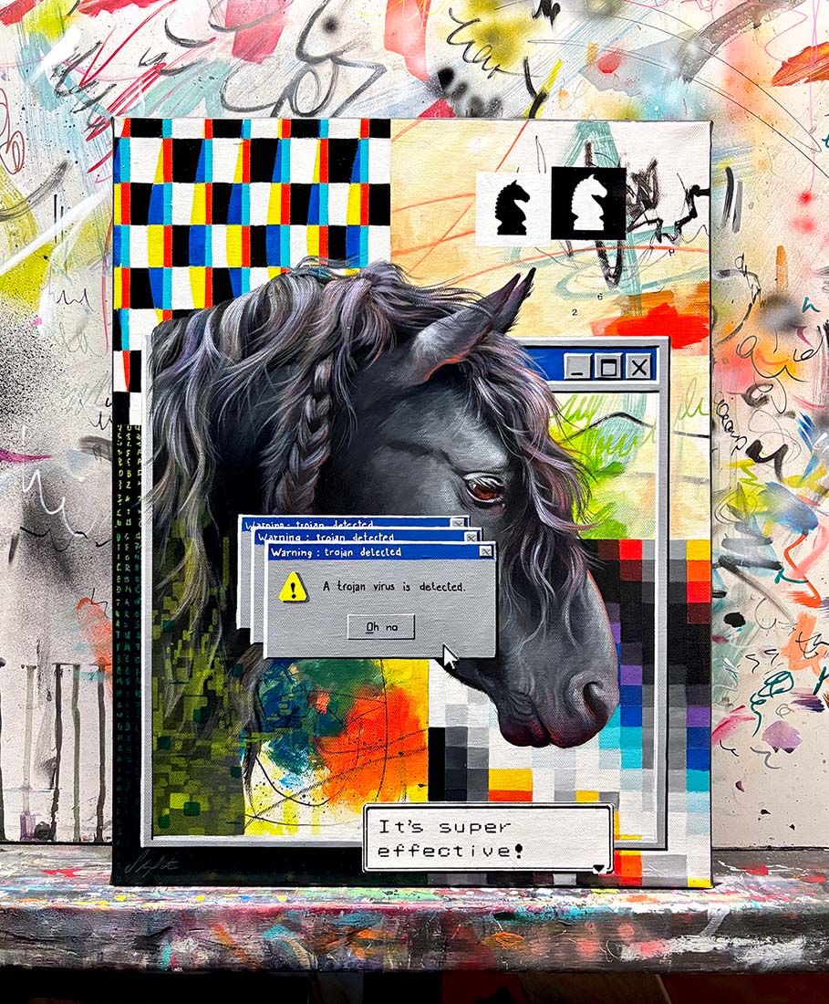 Painting with a horse's head, computer interface, and colorful abstract patterns.
