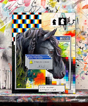 Painting with a horse's head, colorful abstract patterns, and computer interface elements.